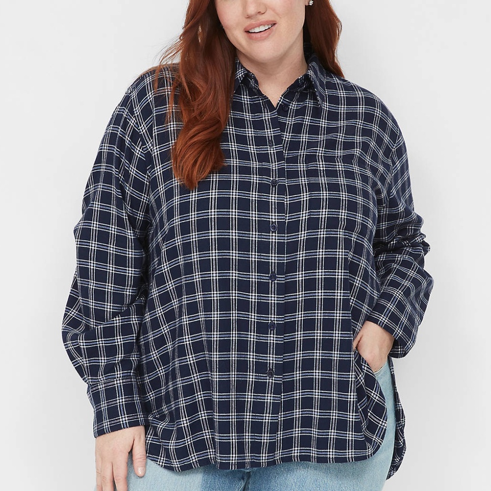 Lane Bryant - Long-Sleeve Button-Down Navy Blue Plaid Flannel - 22/24 - 3X